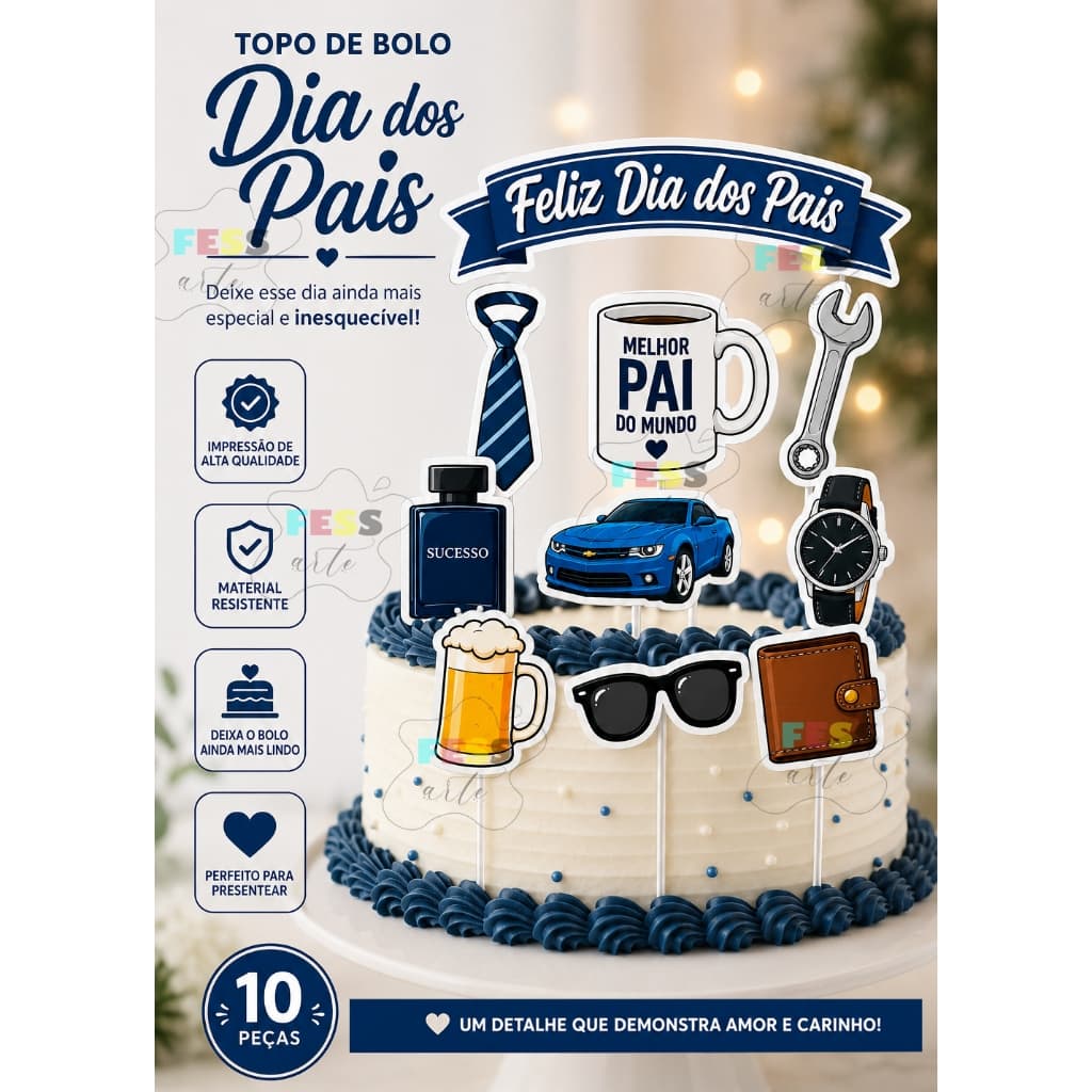 topo de bolo feliz dia dos pais 10 peças decoração tag tema barato personalizado