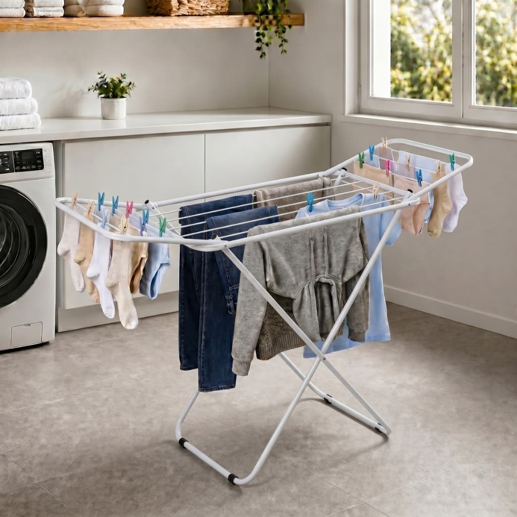 Varal de Chão Dobrável em Aço Reforçado Suporta até 25kg de Roupas Para Apartamento