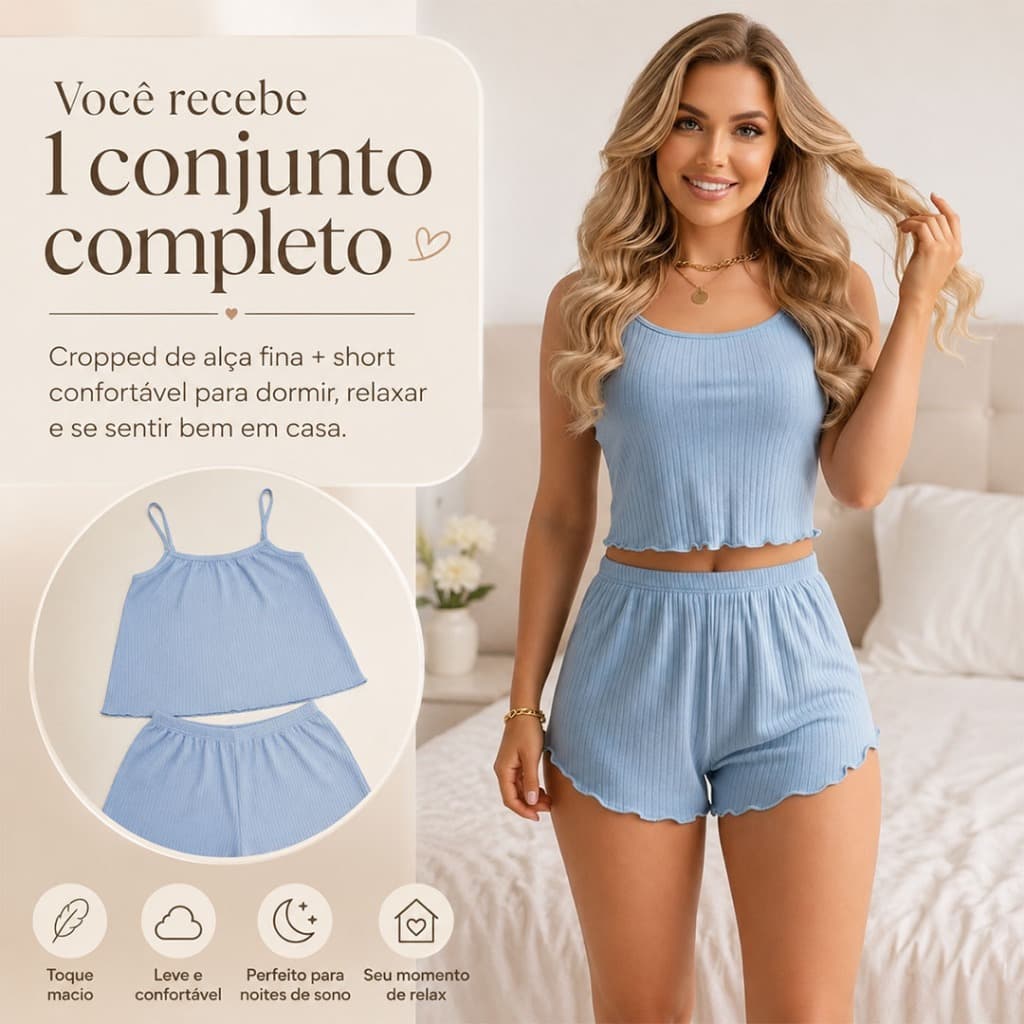 Short Doll Feminino Pijama Baby Doll Suede Canelado Liso Cropped Confortável