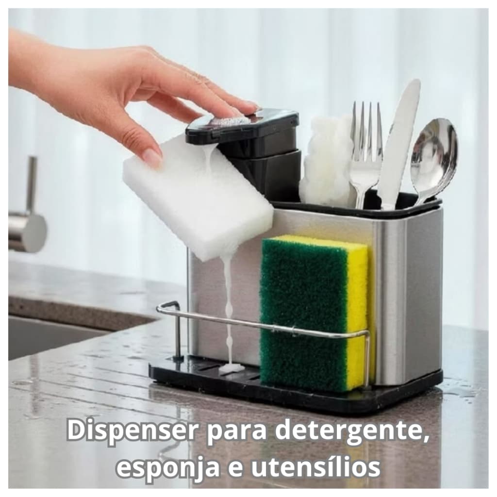 Escorredor com Dispenser Em Aço Inox Porta Detergente E Esponja 3 Em 1 - porta detergente e utensílios - organizadores -
