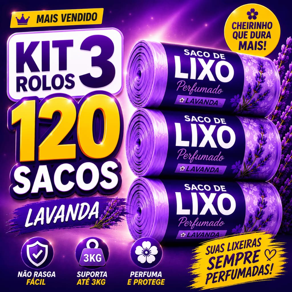 3 Rolos Saco Lixo Perfumado Lavanda 120 Sacos Resistente Para Banheiro Cozinha Lixeira 10L Anti Odor