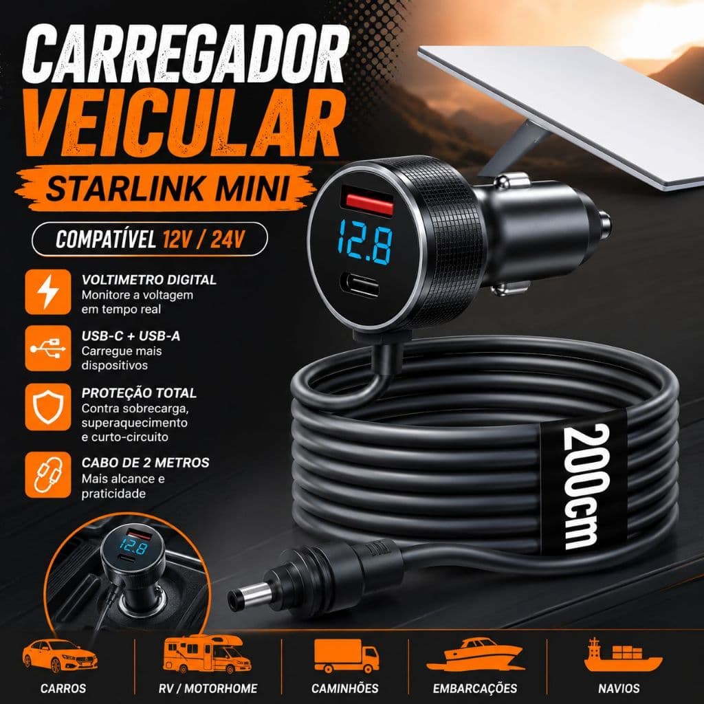 Carregador Veicular Starlink Mini 12V/24V Cabo 2M com Voltímetro | USB-C + USB-A | Carro Automotivo