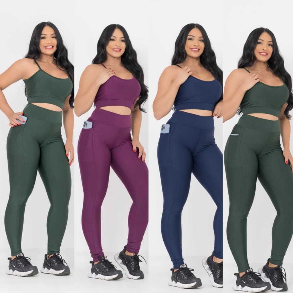 Conjunto Fitness Calça Legging e Top Element Suplex Zero Transparência Academia Feminina Bolso Lateral