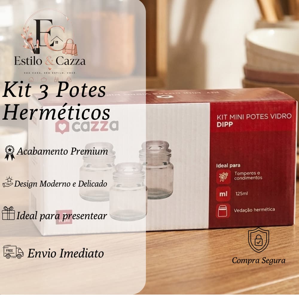 Kit 3 Potes de Vidro Hermético para Temperos Condimentos 125ml