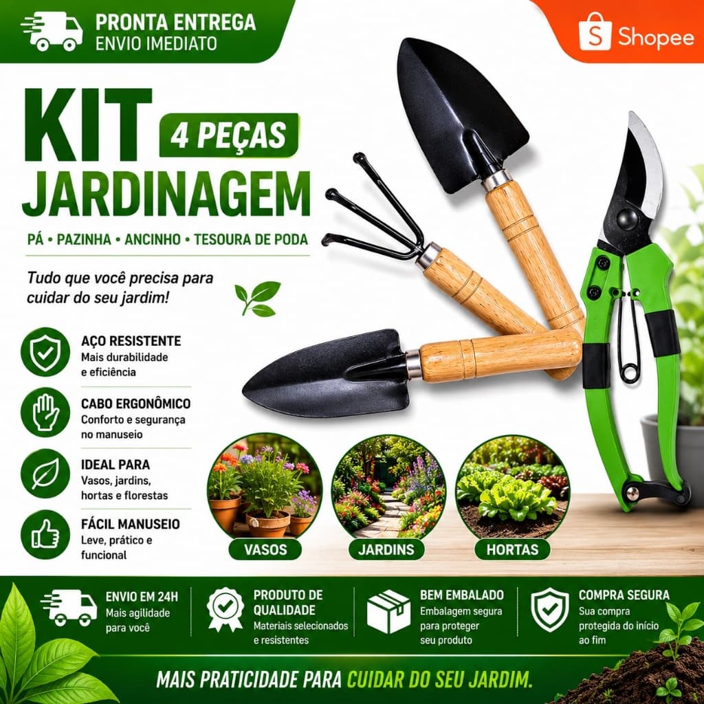 Kit Jardinagem 4 Peças com Tesoura de Poda Pá Pazinha Ancinho Cabo de Madeira
