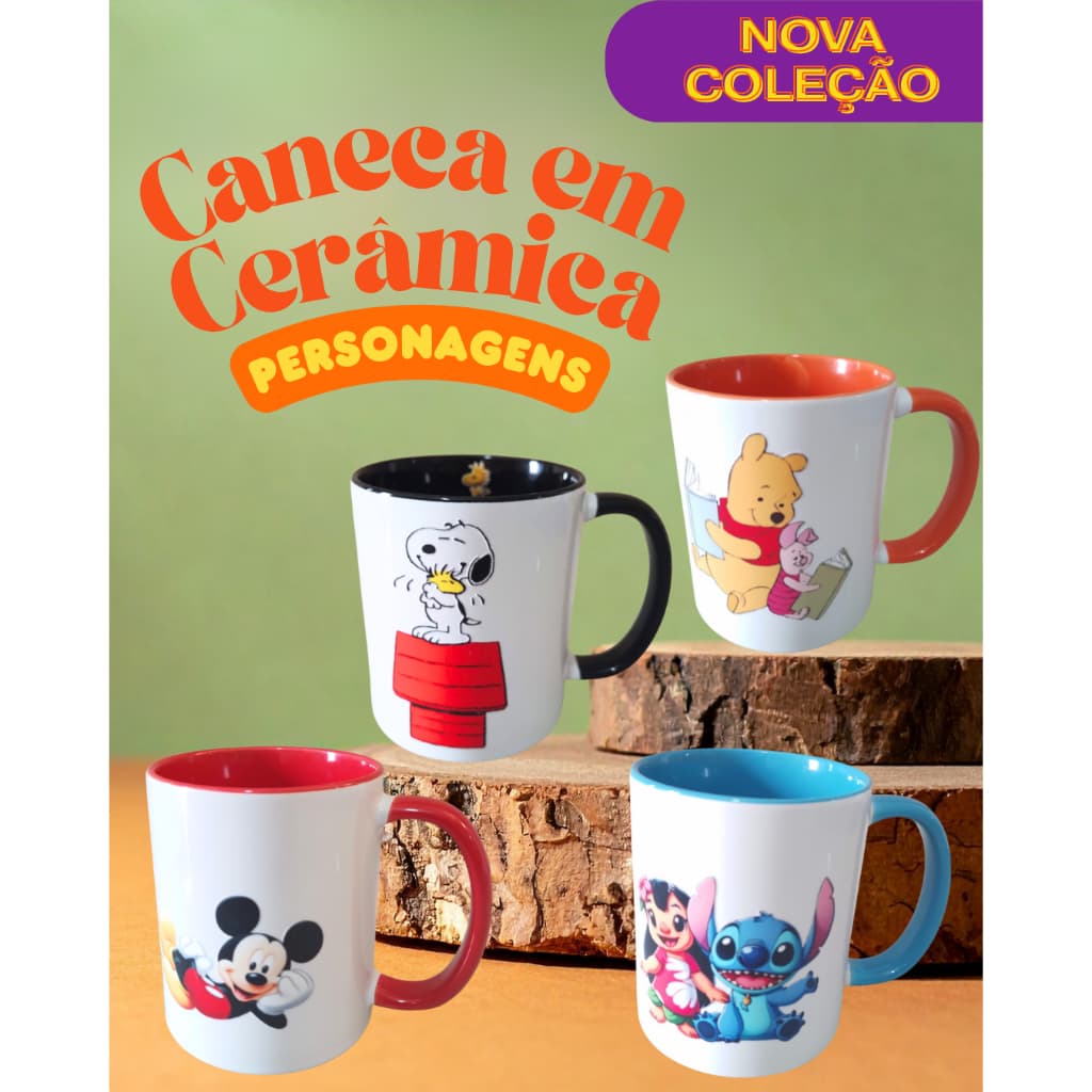 Caneca de Cerâmica 330ml Alça Colorida Personagens | Mickey, Stitch, Snoopy, Pooh | Presente Criativo | Alta Qualidade