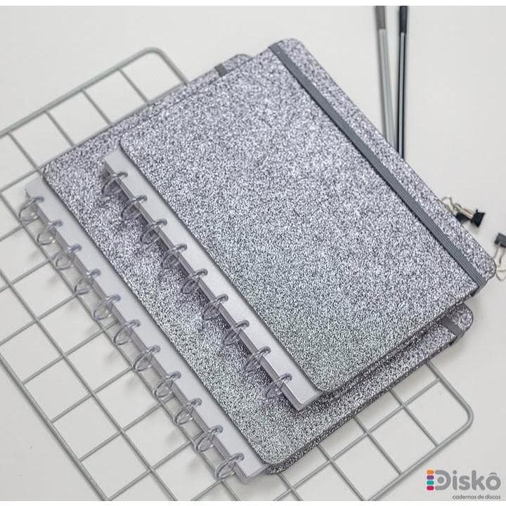 Caderno G diskô shine prata brilhante glitter discos inteligente reposicionável 80 folhas capa dura