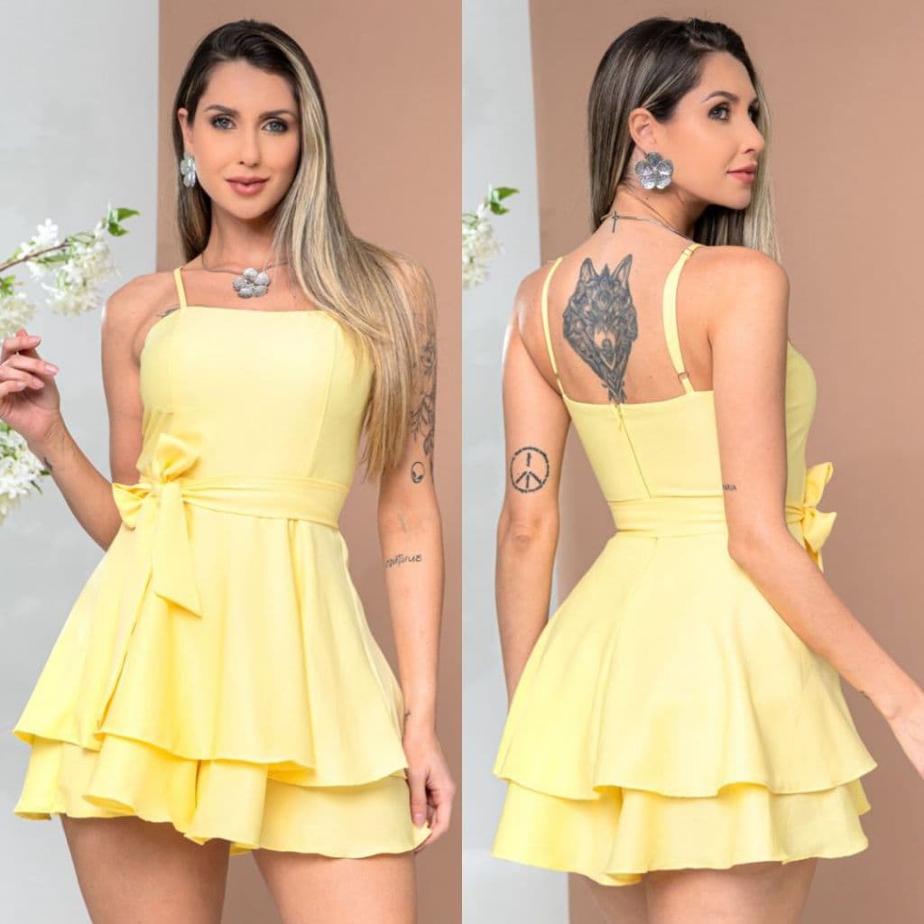Macaquinho Feminino Vestido Bailarina Soltinho Tecido Sarja Alça Ajustável laço Removível Elegante