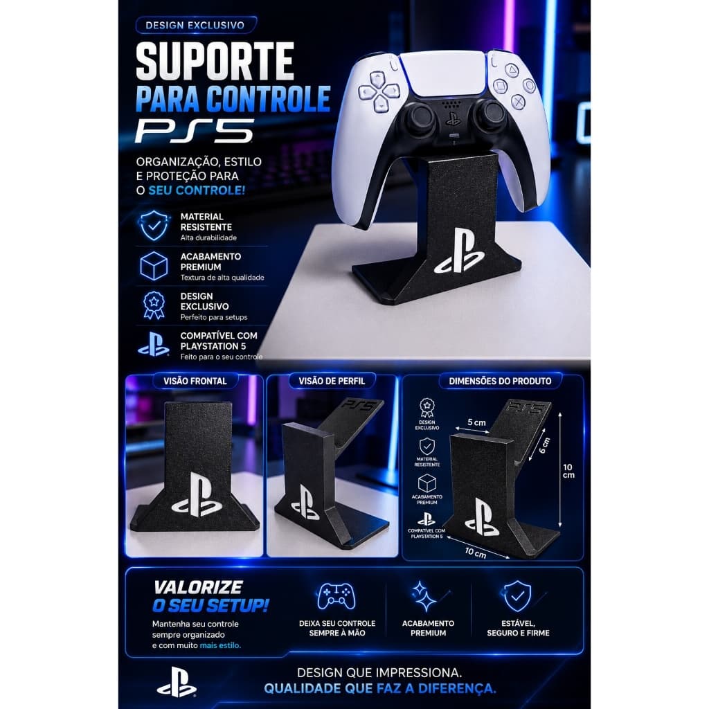 Suporte Gamer PS5 DualSense Porta Controle Organizador Mesa Setup PlayStation 3D