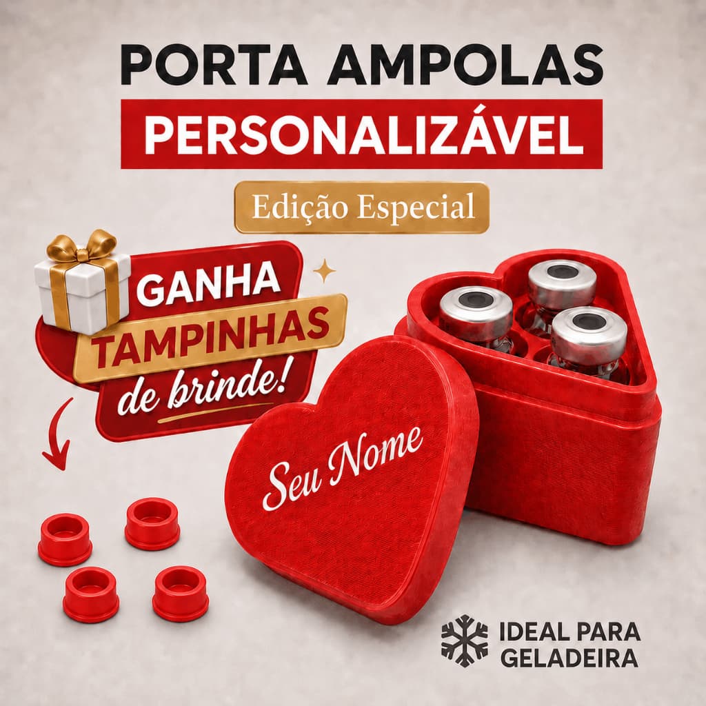 Porta Ampolas | Caixa Organizadora Em Coração para 3 Ampolas | Personalizável + Tampinhas de Brinde