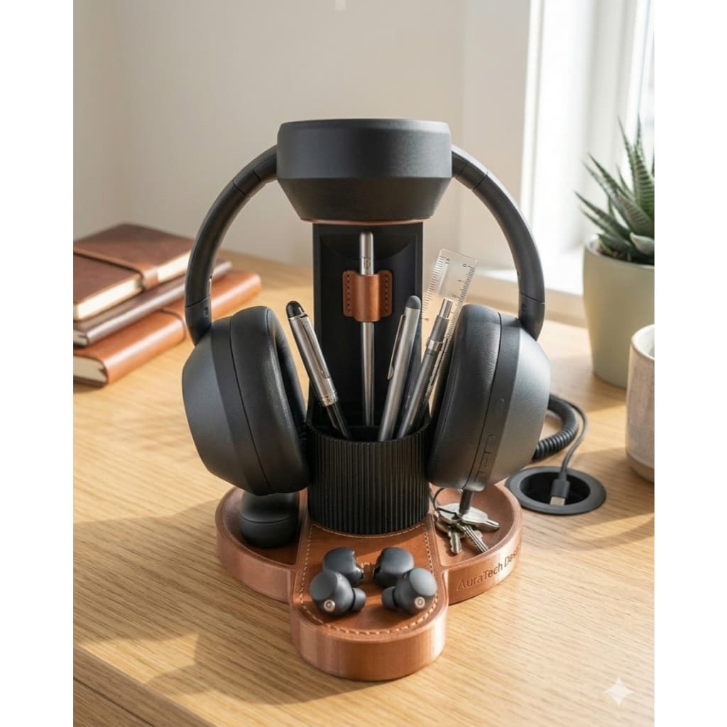 Suporte e organizador de canetas, headset e celular