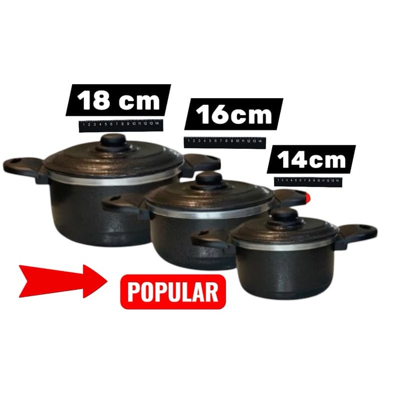Kit 3 Caçarolas Alumínio Craquelado  14cm 16cm 18cm +  Preta com Tampas Kit cacarola colo preto