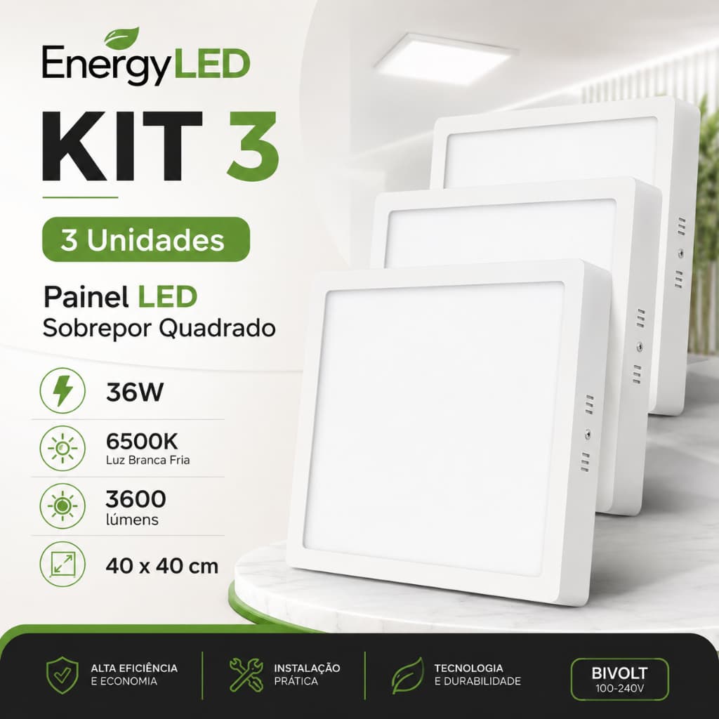 Kit 3 Painel LED Sobrepor 36W 40x40 para Escritório Corredor Lavabo Branco Frio 6500K Bivolt EnergyLED