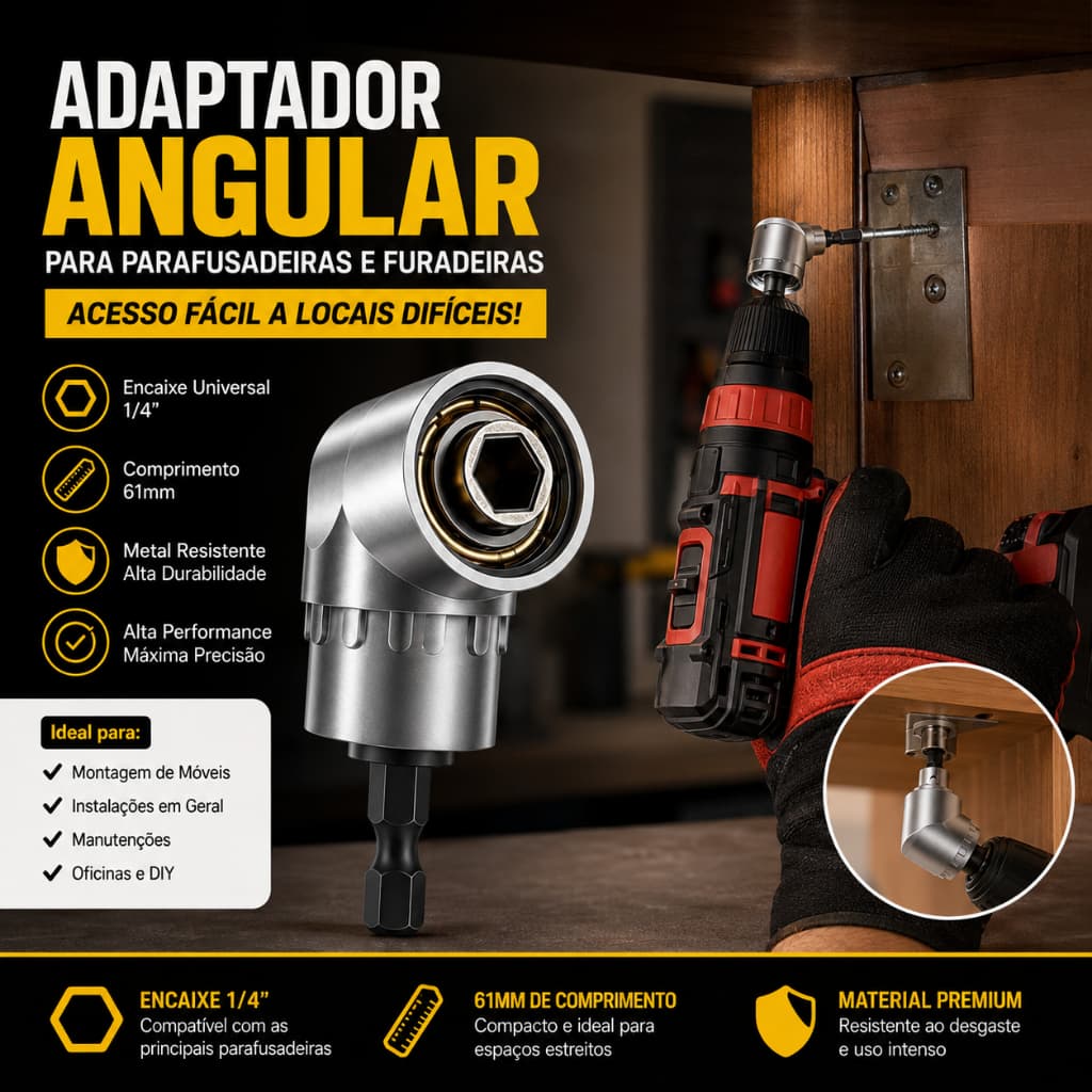 Adaptador Angular Parafusadeira 90 Graus Universal Magnético Encaixe 1/4 Alta Resistência Prof