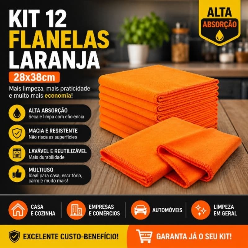 Kit 12 Flanelas Laranja 28x38cm | Pano de Limpeza Multiuso | Alta Absorção