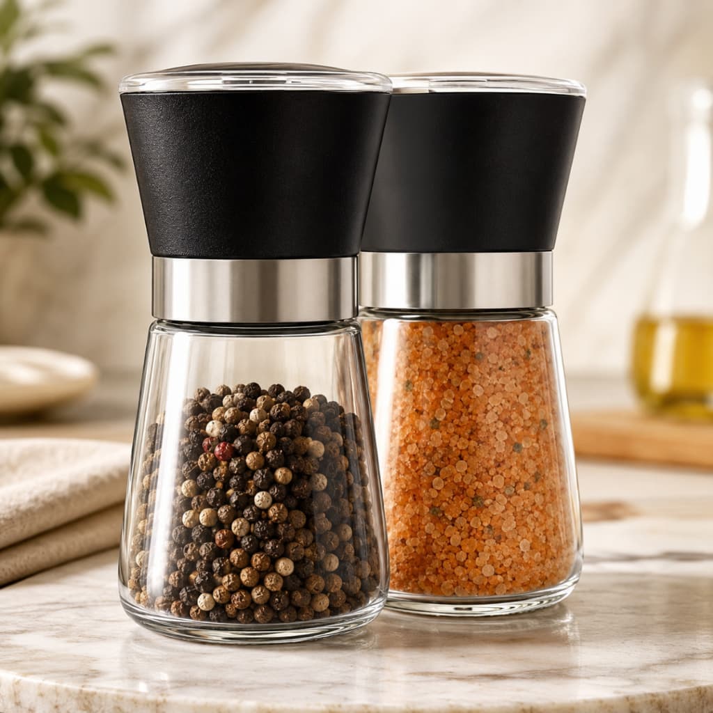 KIT 2 Moedor de Pimenta do Reino e Sal Grosso Porta Tempero de Vidro