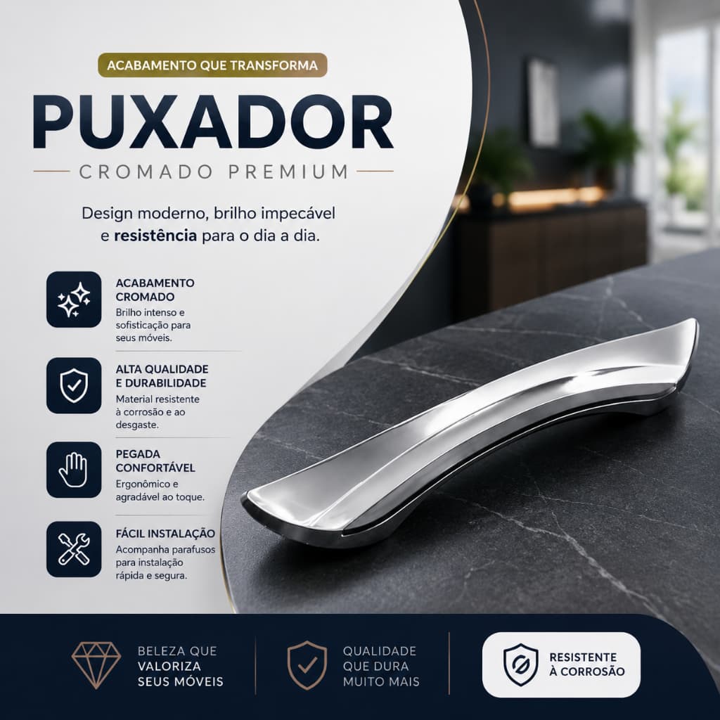 Puxador Móveis Cromado Premium Plástico Para Portas Gavetas