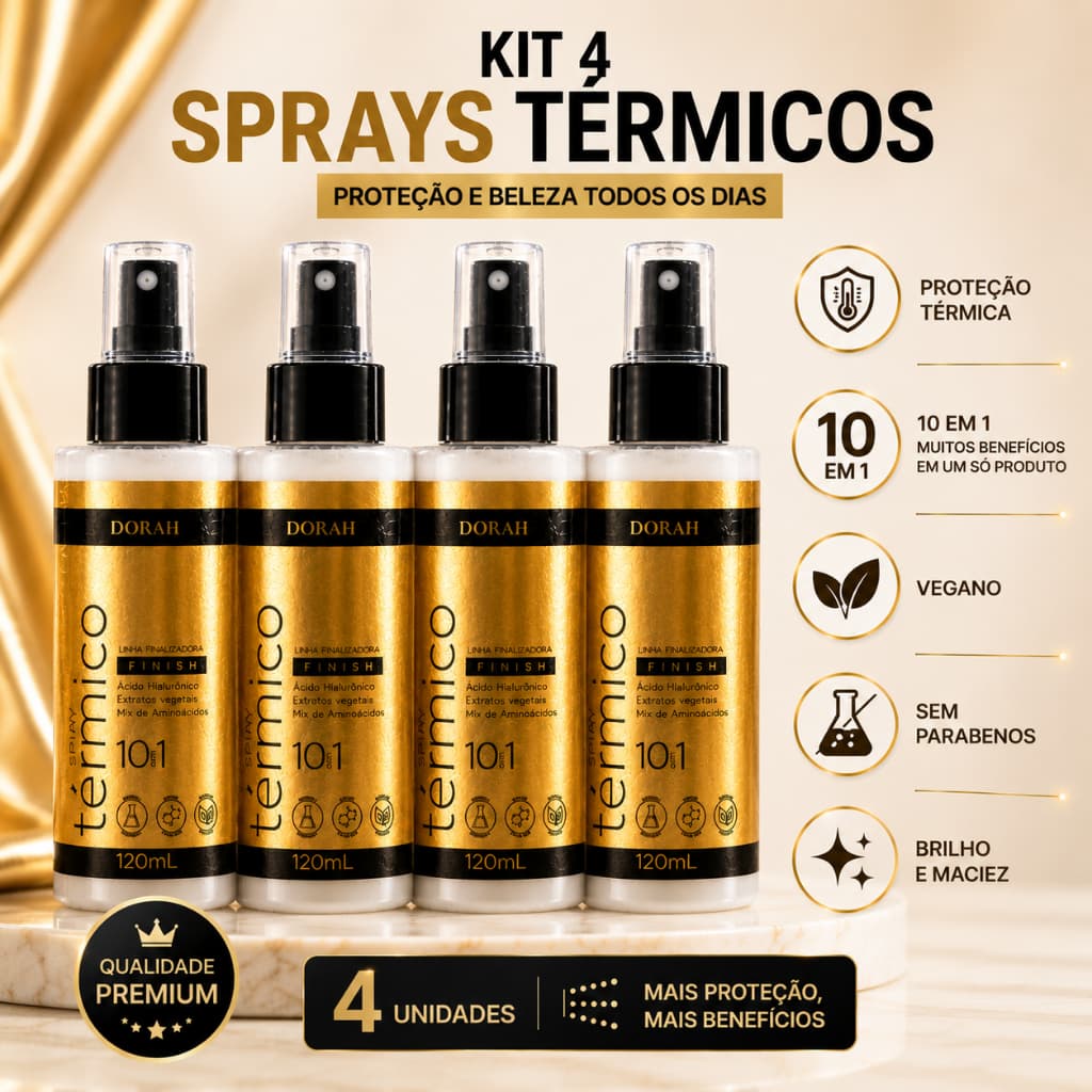 Kit 4x Spray Térmico 10 em 1 Dorah Beauty 120ml Proteção Térmica Capilar Vegano