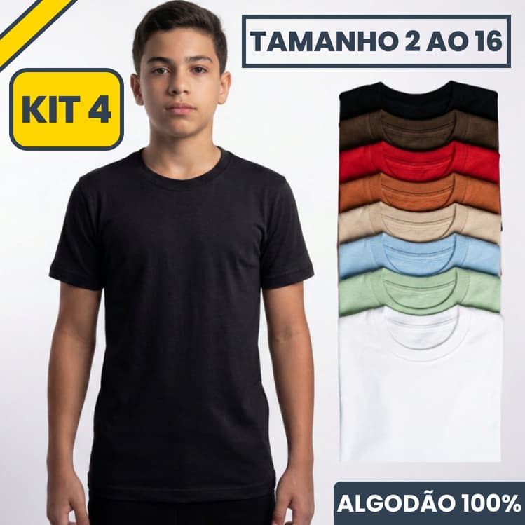 KIT 4 Camiseta Infantil Masculina Básica Lisa 100% Algodão  (Tamanho 2,4,6,8,10,12,14, e 16) Cores Variáveis