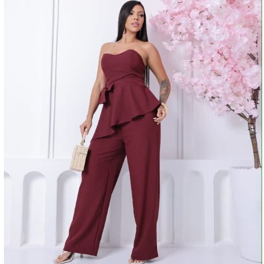 Conjunto Femenino Alfaiataria Calça Pantalona e Blusa tomara que Caía Luxo Elegante