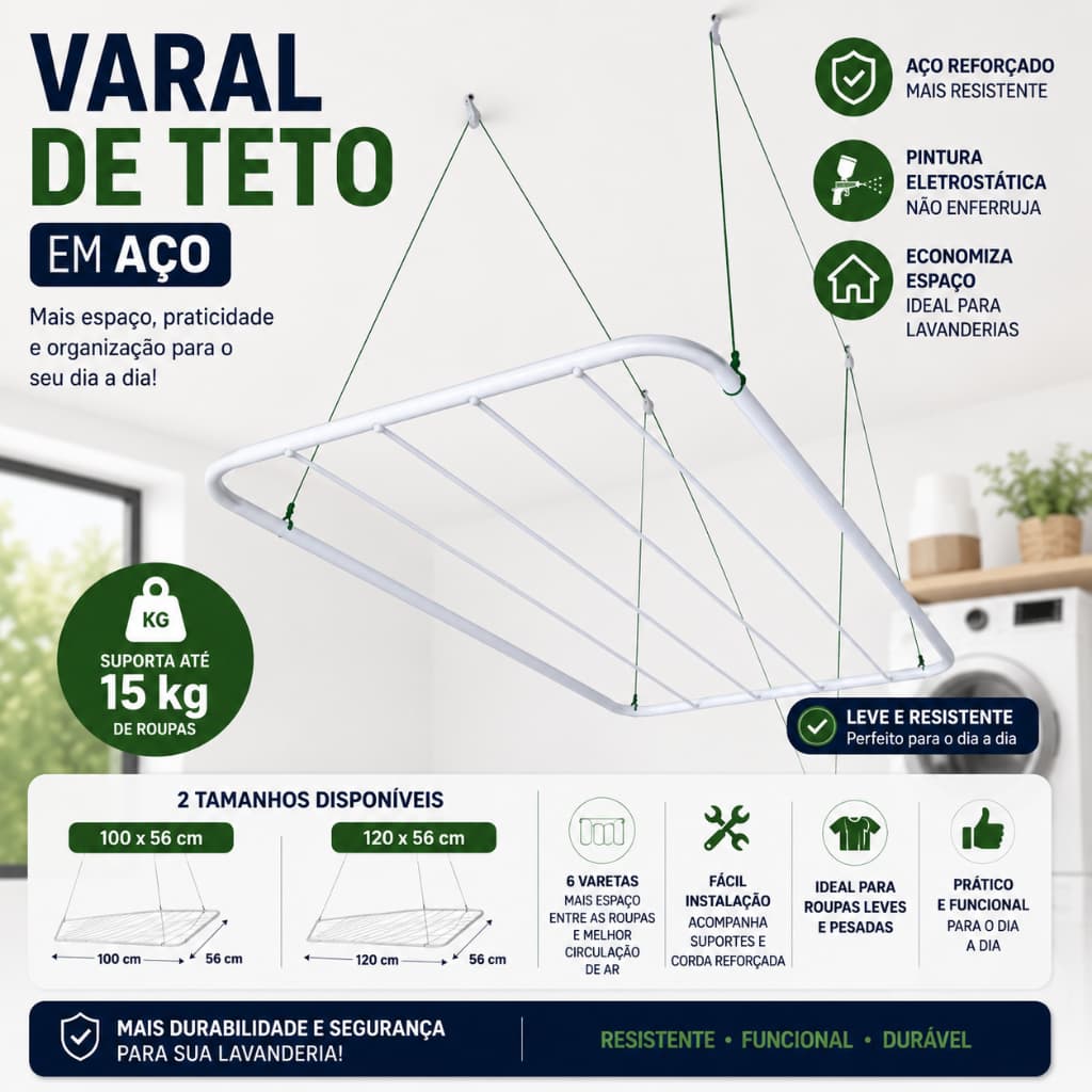 Varal de Teto Retrátil Reforçado 100cm ou 120cm | Ideal para Apartamento Lavanderia Pequena com Roldana ate 13KG