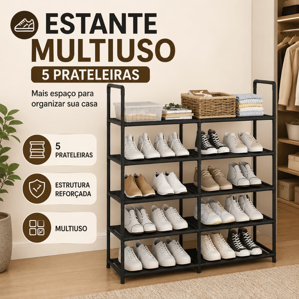 Estante Multiuso 5 Prateleiras Organizador Sapateira Preta