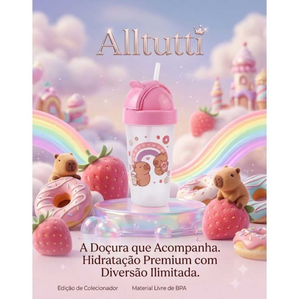 Garrafa Copo Rosa Infantil Squeeze Capivara Com Canudo 330ml Menina Menino Criança
