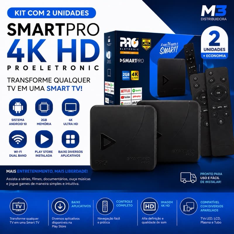 2 Smart TV Box Proeletronic SmartPRO 4K HD Android 10 2GB 16GB Wi-Fi Transforme Sua TV em Smart