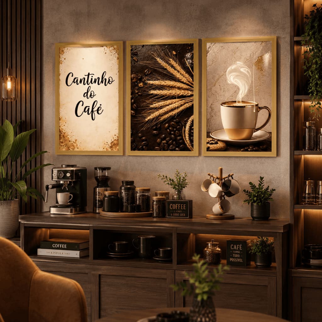Quadro decorativo 3 peças Cantinho do Café decoração Cozinhas Padarias Cafeterias