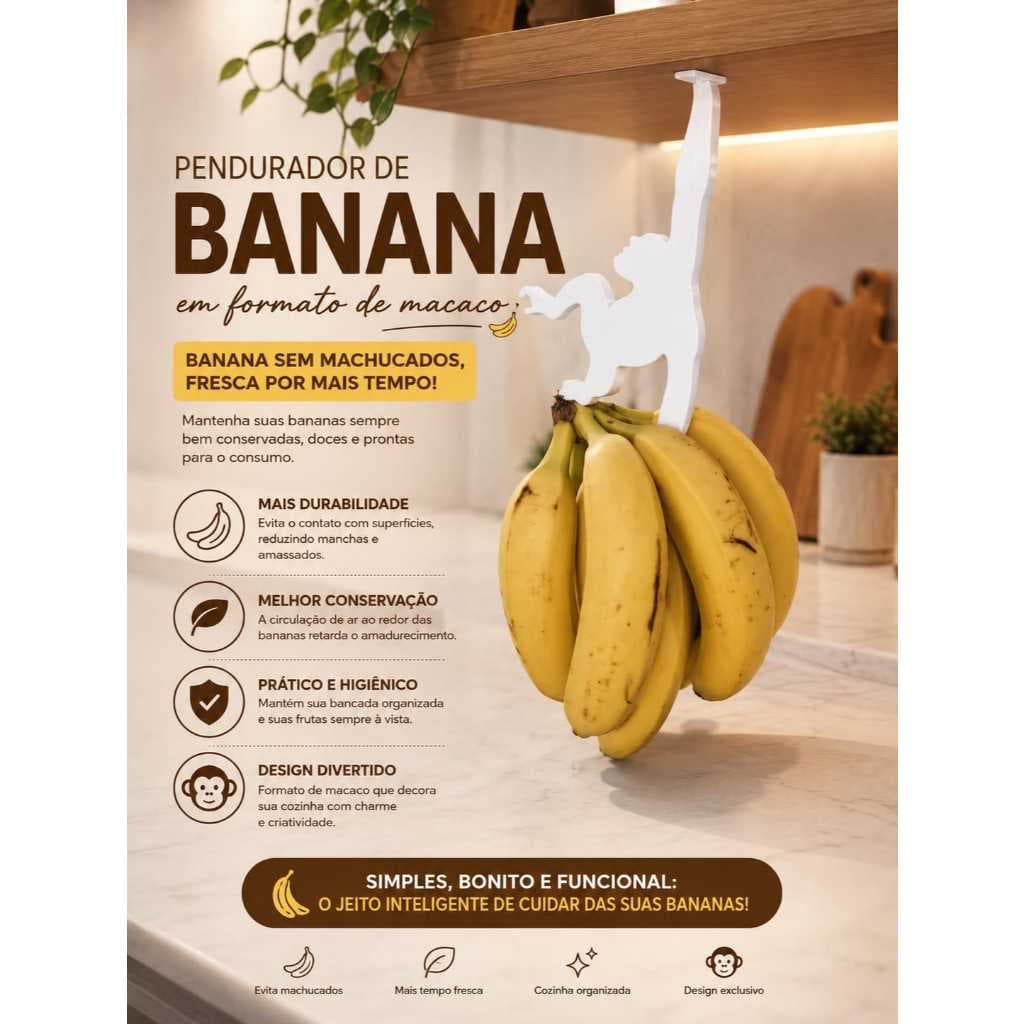 Suporte Macaquinho para Banana - Organizador de Cachos de Banana Suspenso | Decoração para Cozinha