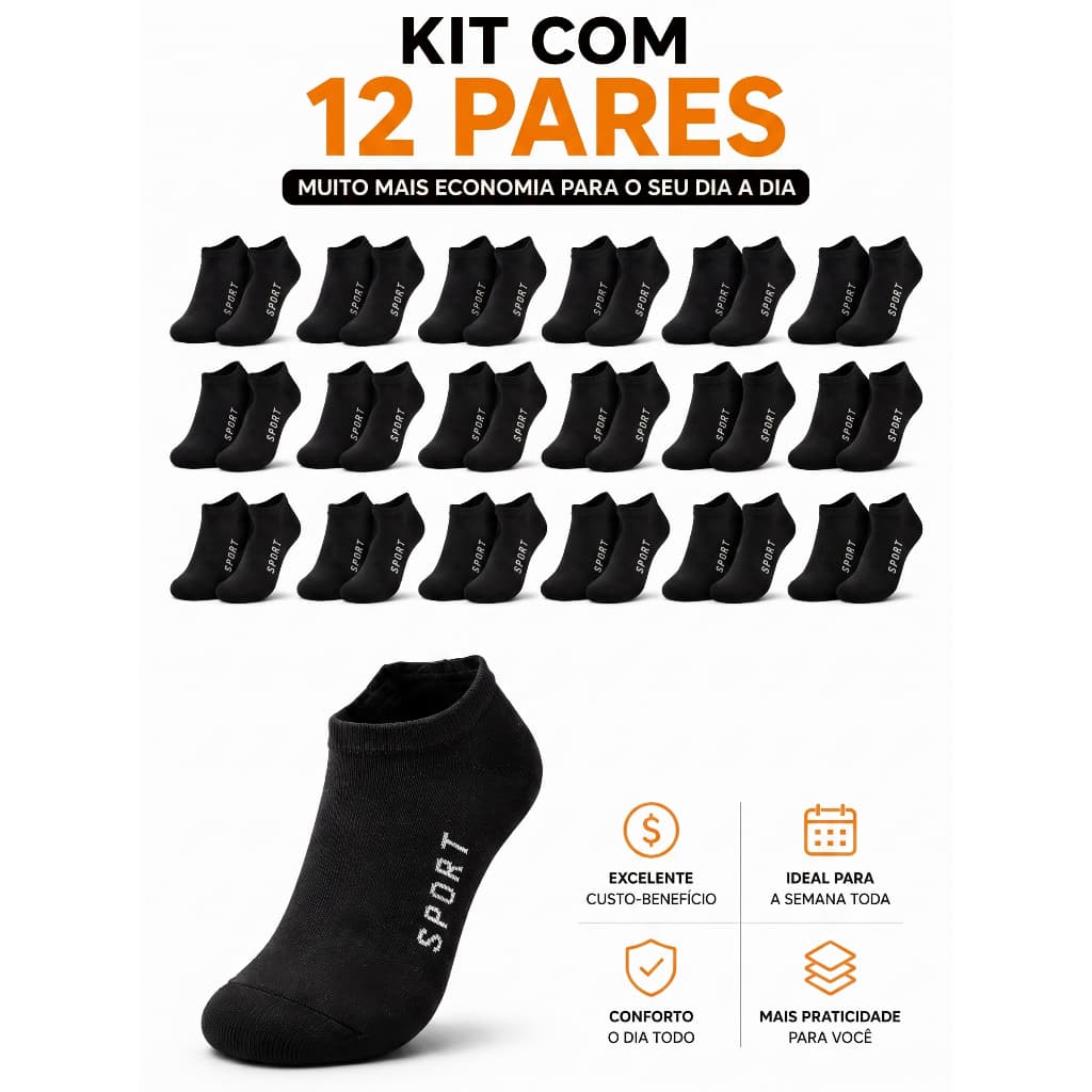 Kit 12 Pares Meias Cano Curto Soquete Respirável Confortável Dia a Dia
