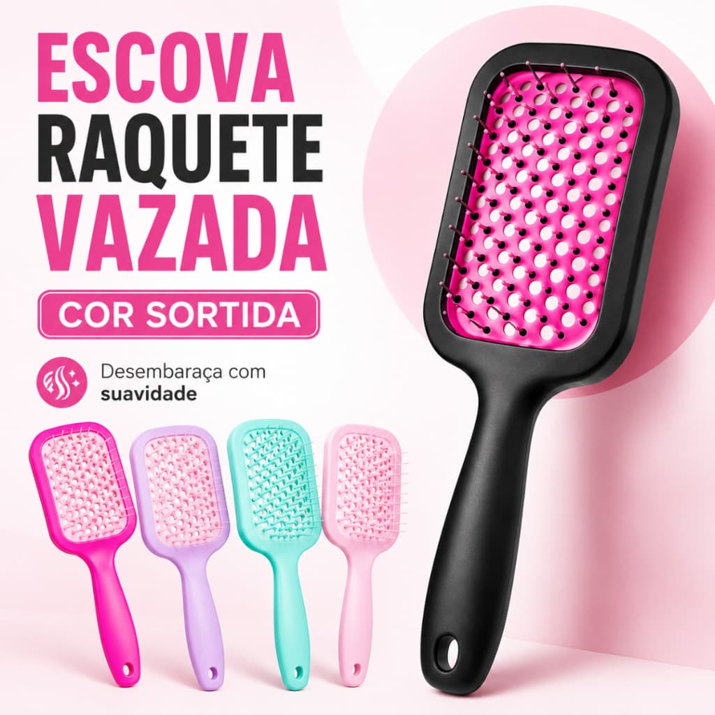 Escova Raquete Vazada Desembaraçante Para Cabelo Cor Sortida