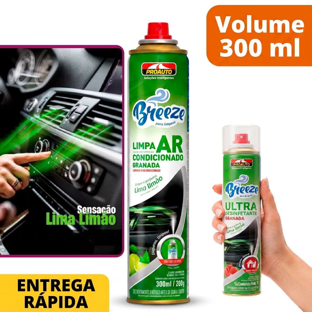 Spray Aerossol Limpa Ar Condicionado Carro Breeze Lima Limão Proauto 300ml
