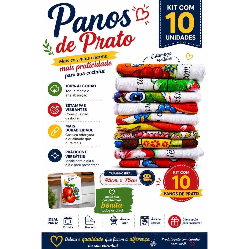 Kit Pano de Prato Grande para Cozinha Estampado com 10 Unidades