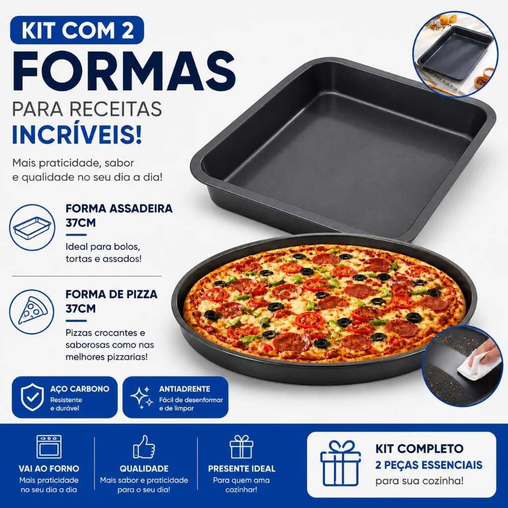 Kit 2 Pecas Forma Assadeira 37 Cm Teflon Bolos + Forma Para Pizza Assadeira Aço Carbono Nao Gruda