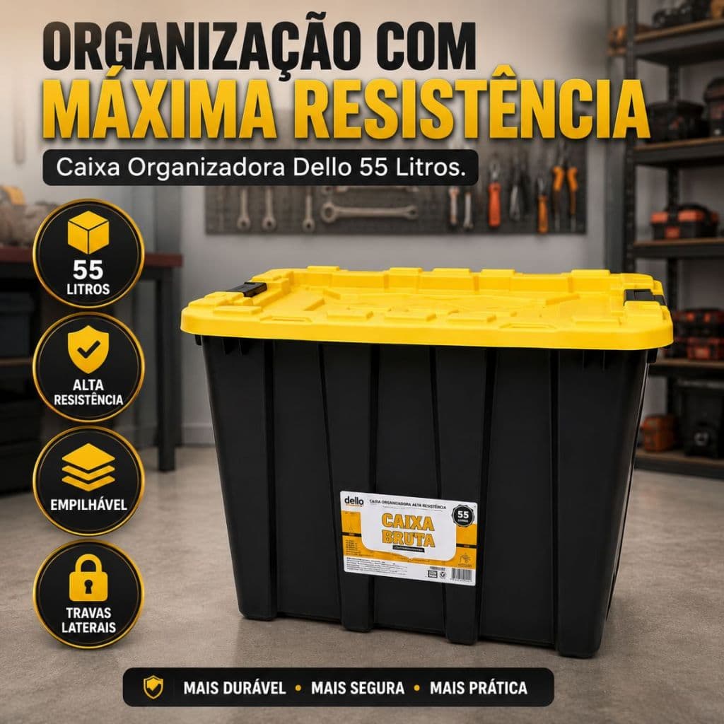 Caixa Organizadora Dello Tampa Alta Resistência Preta55 litros Empilhável Multiuso C Travas Laterais