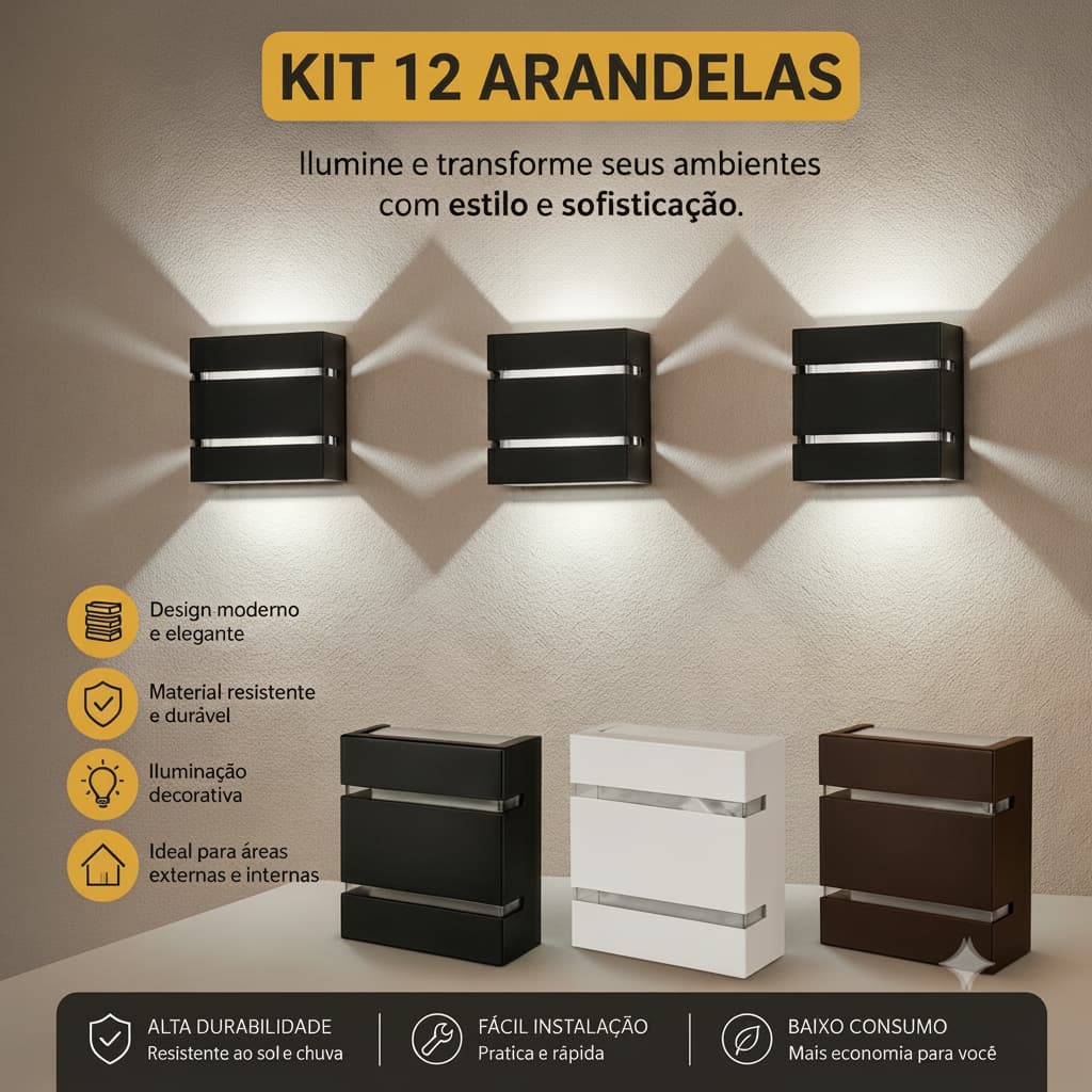 kit 12un Arandela De Parede Luminária Led Decoração  Luz Muro Interna Externa 2 Frisos 2Fachos Bivolt