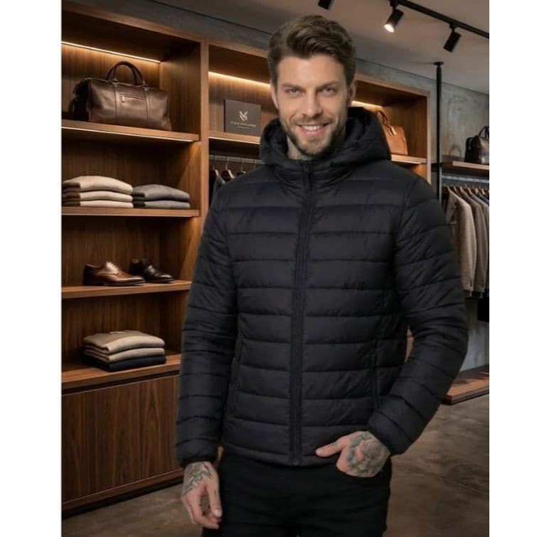 Jaqueta Masculina Puffer Preta com Capuz Removível Isolamento Termico,Leve e Confortável