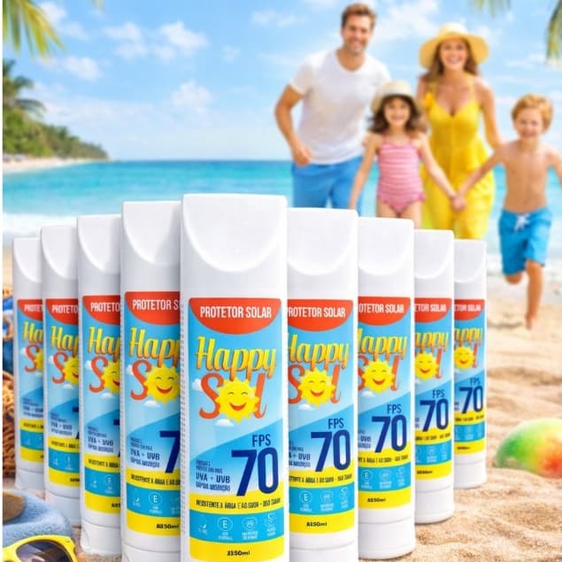 Kit 12 Protetores Solares Happy Sol FPS 70 120ml Proteção UVA UVB Toque Seco Rosto e Corpo