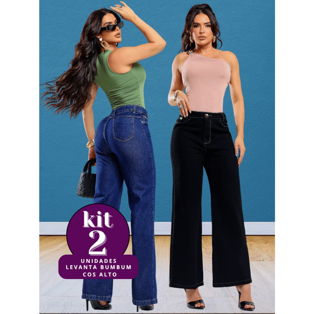 Kit 2 Calças Jeans Feminina Wide leg azul e preto 100% algodão Cintura Alta luxo