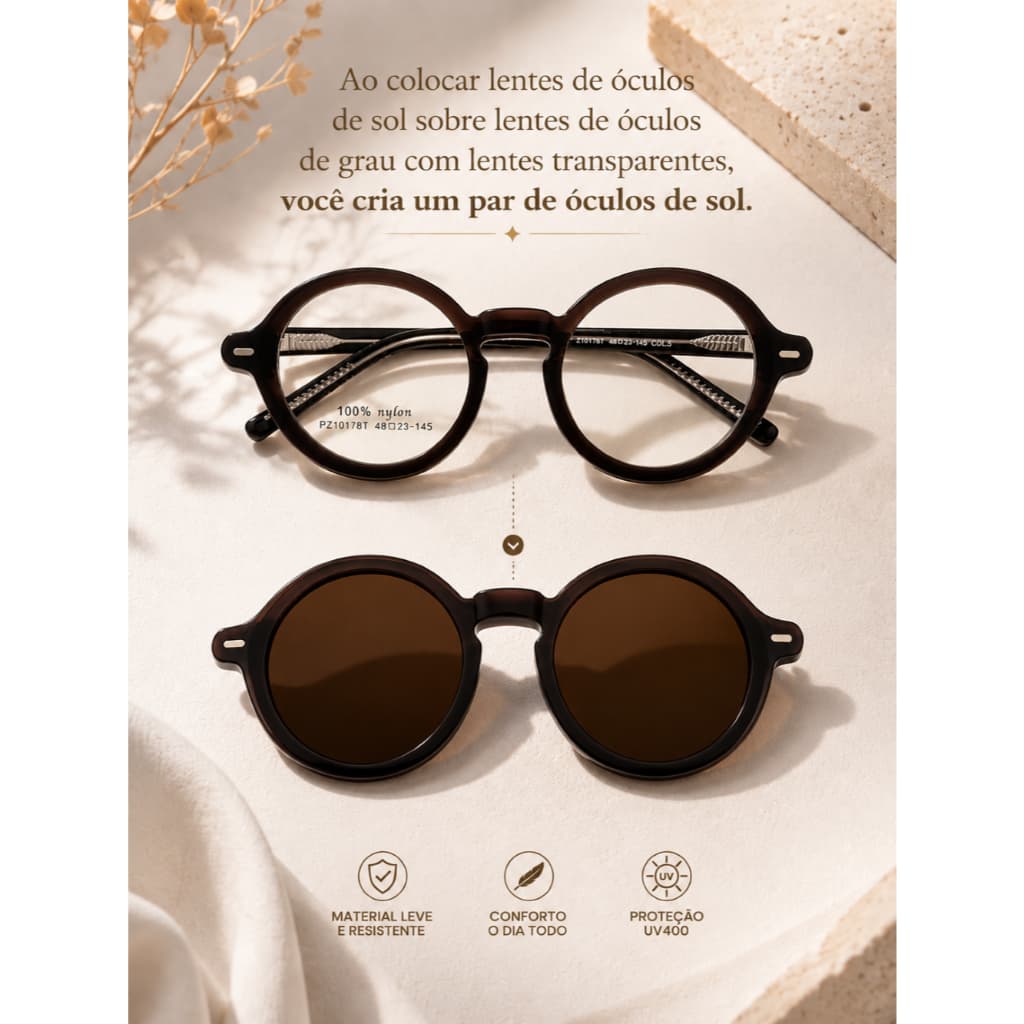 Óculos de sol femininos, óculos de sol masculinos, óculos de sol magnéticos 2 em 1 - armação redonda de nylon.