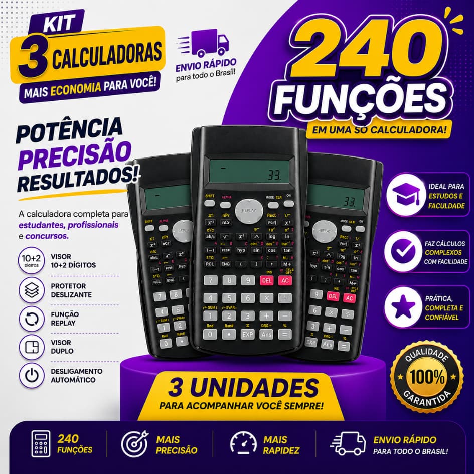 KIT 2 3 ou 5 Calculadora Cientifica com Capa Protetora  240 Funções A Pilha Financeira Escolar Faculdade Trabalho