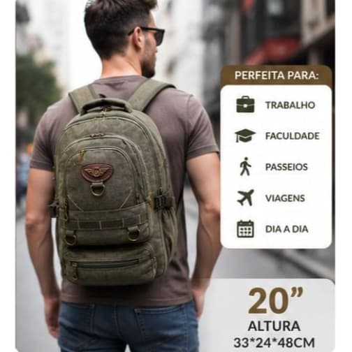 Mochila em Lona Premium 20" – Espaçosa, Resistente e Pronta para Qualquer Desafio!