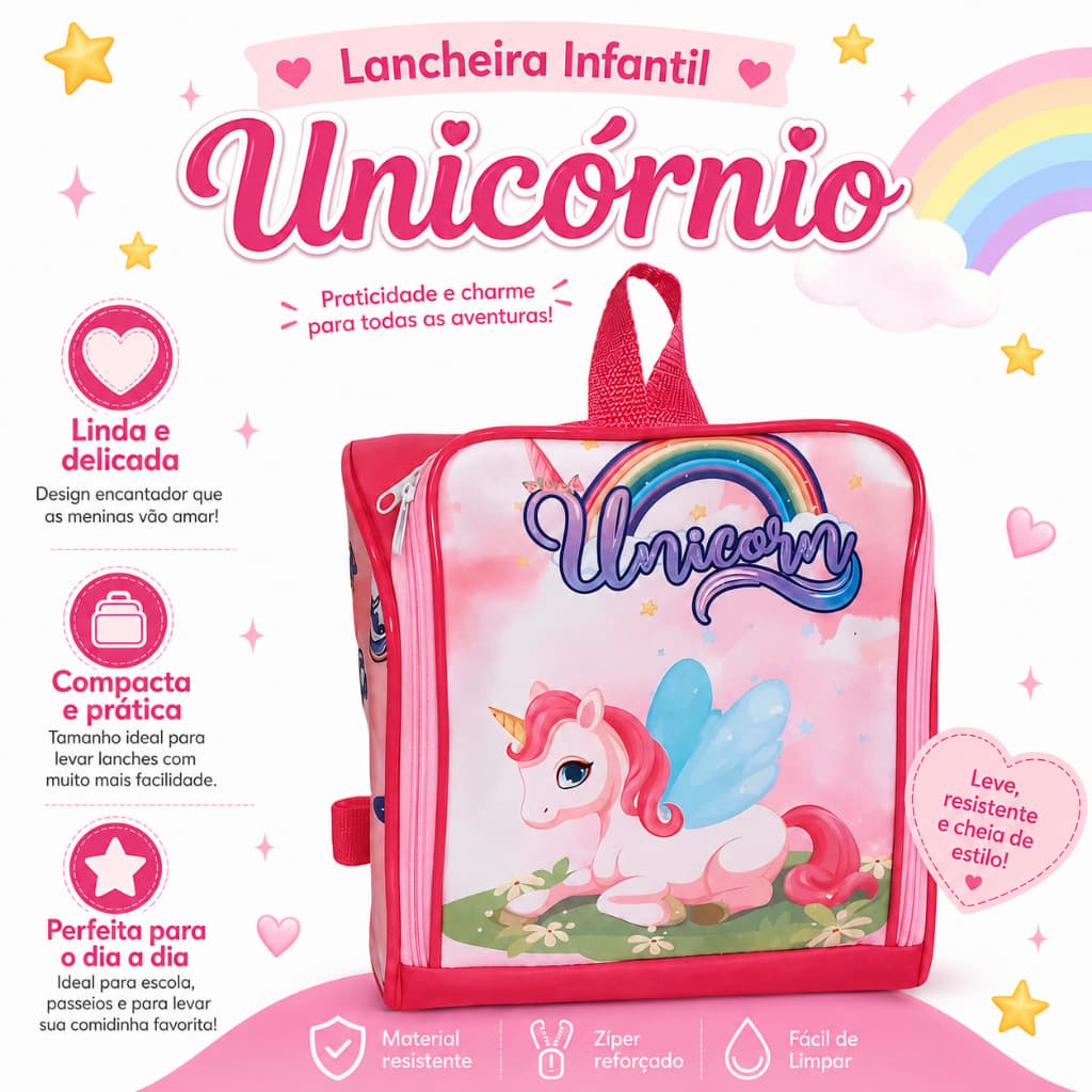 Lancheira Infantil - Unicórnio Rosa para meninas - Lunch Box - Escolar