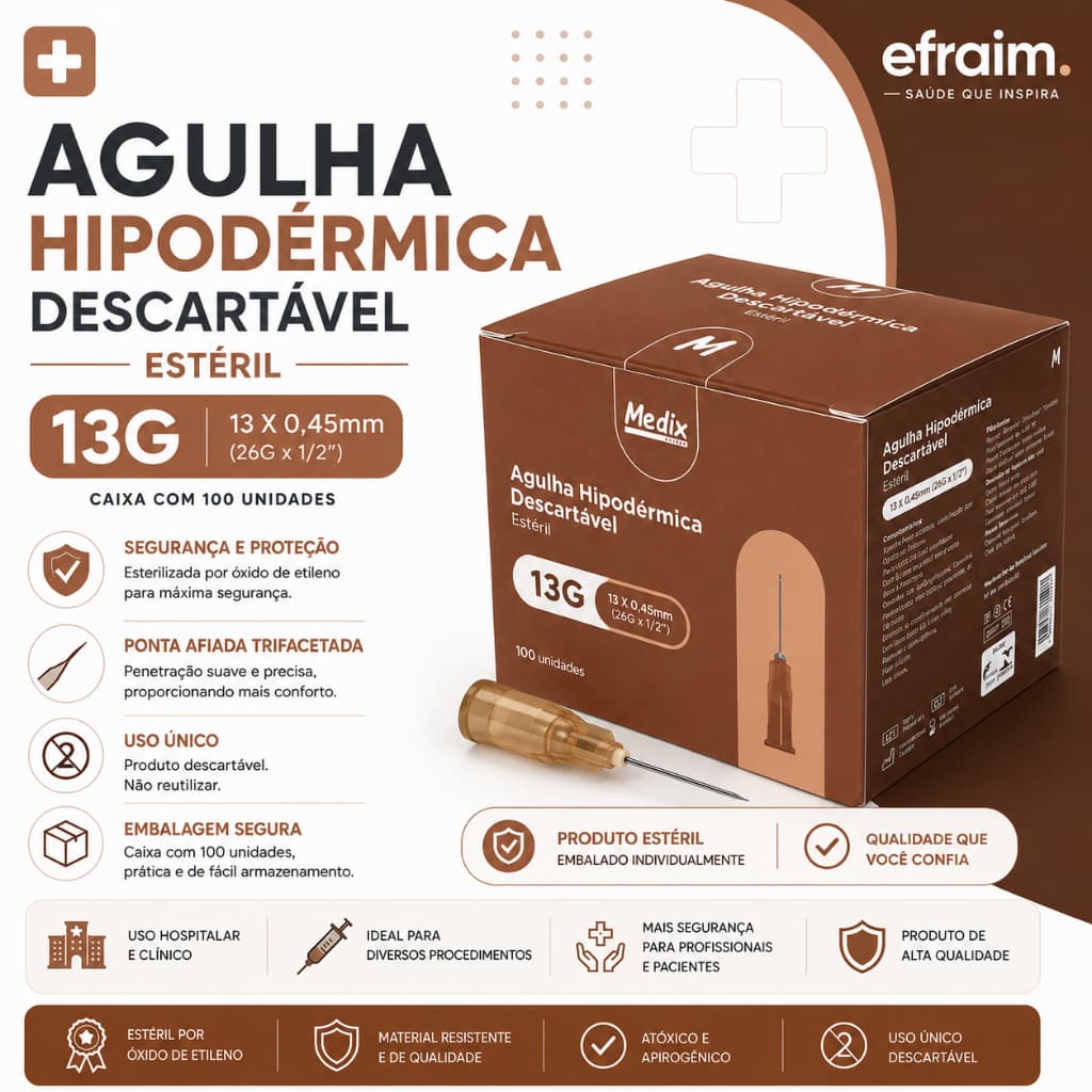 Agulha Hipodérmica 26g 13x45 Caixa C/100 Unidades Medix