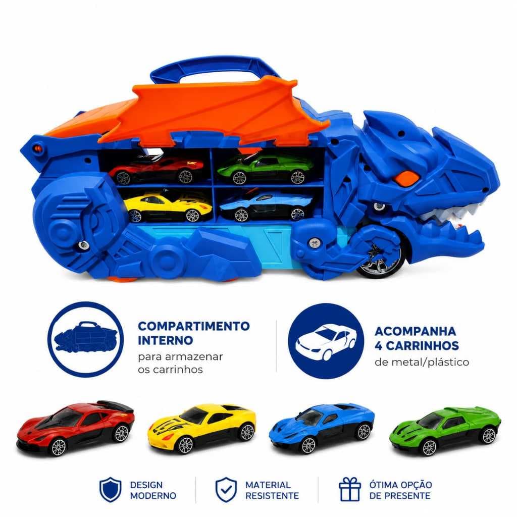 Caminhão Dino Cegonha Com Pista Maleta Pista Lançador 4 Carrinhos Brinquedo Dino Truck Predador Dino