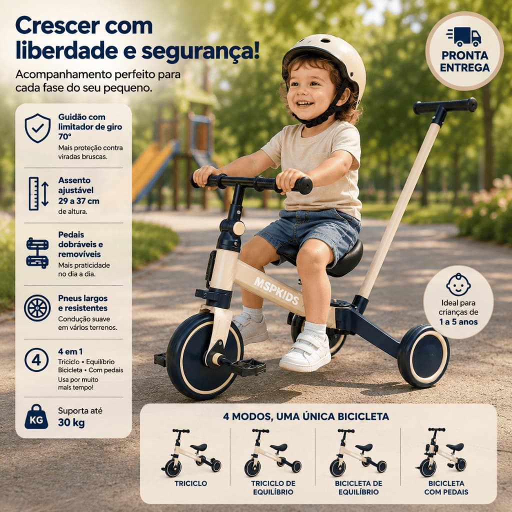 Triciclo 5 em 1 Infantil Vira Bicicleta de Equilíbrio Bebê Passeio Seguro Ajustável