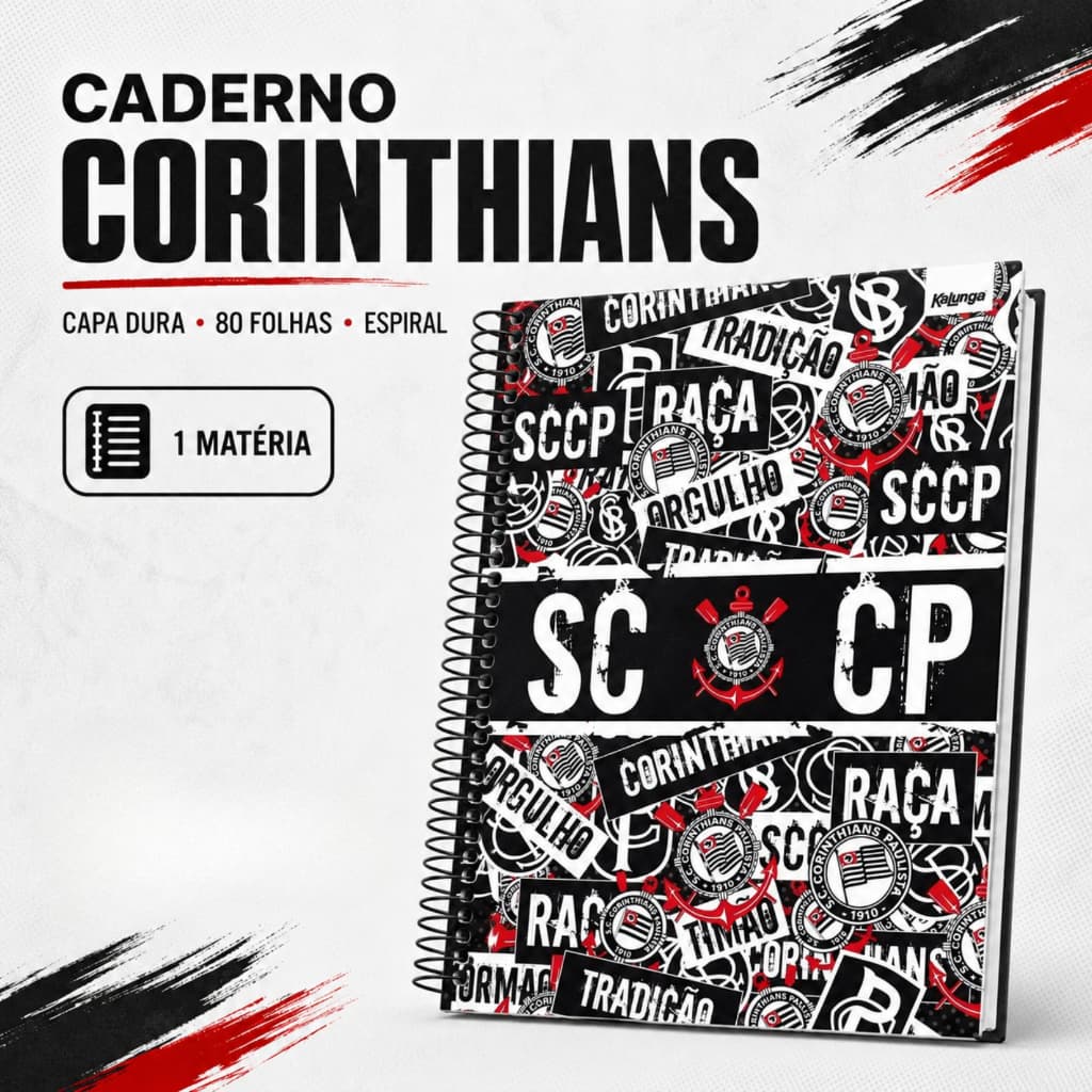 Caderno Corinthians Oficial 80 Folhas Capa Dura Espiral Universitário 1 Matéria