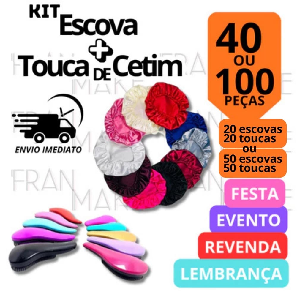 Kit Atacado  com 40 ou 100 unidades  com Escova Mágica Anti Frizz e Touca de Cetim Escolha a Cor Escova de Cabelo