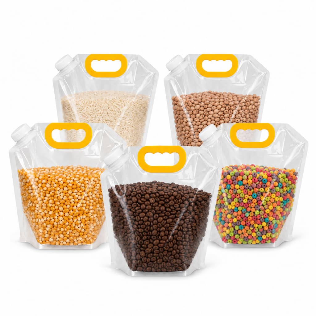 Kit 5 Sacos Armazenar Líquidos Grãos 5 Litros Com Tampa Alça Reutilizável Cozinha Hermético